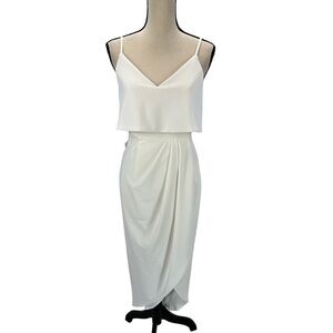 XSCAPE V Neck Crepe Popover Sleeveless Faux Wrap Gown Maxi Dress - Cream -size 0